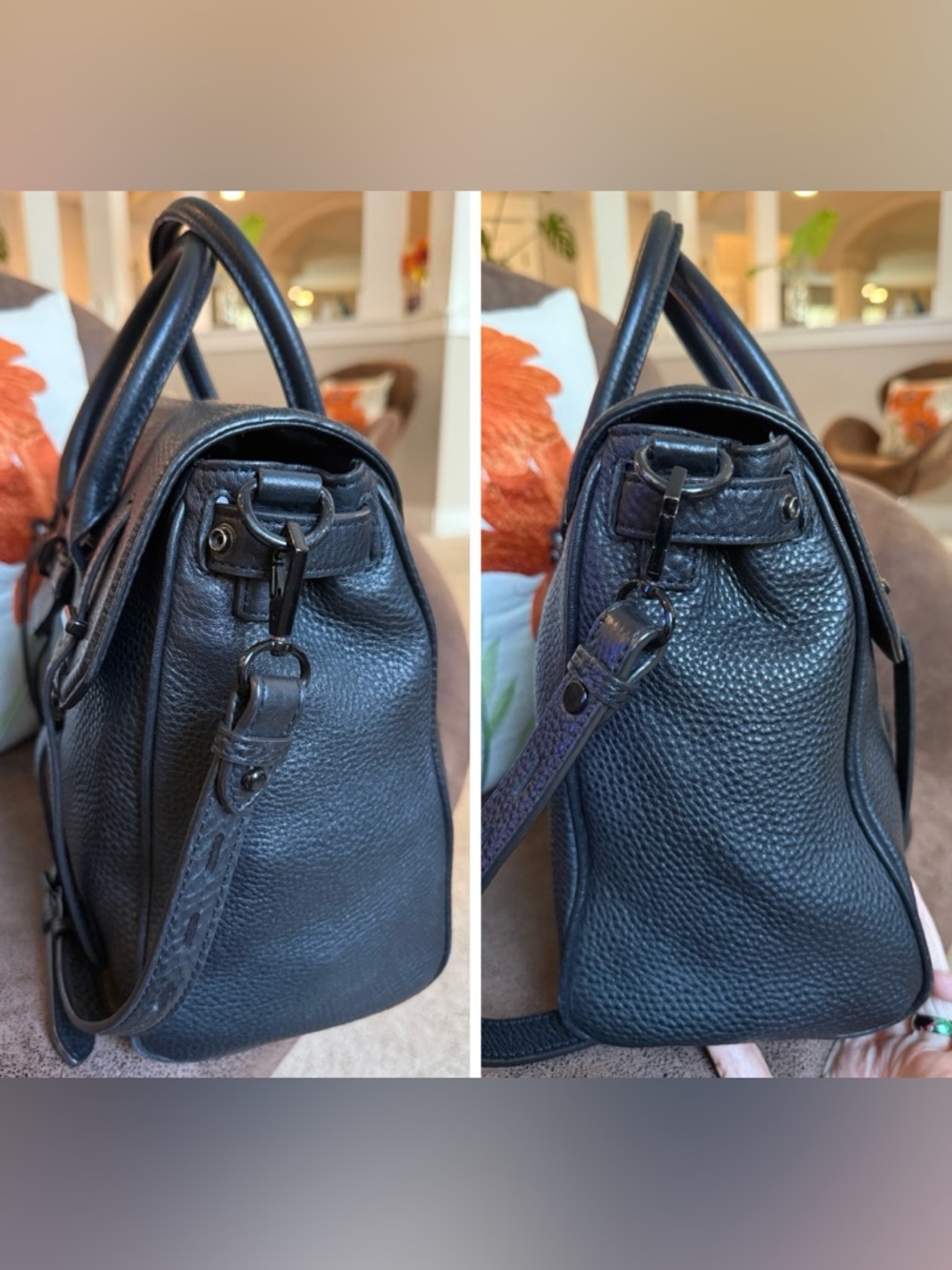 REBECCA MINKOFF SATCHEL BAG  JULES BLK ON BLK LEATHER & HARDWARE w/STRAP EUC - Picture 7 of 17